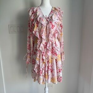 Chicwish LACE-UP FLORAL WATERCOLOR RUFFLE MINI DRESS Women’s Small